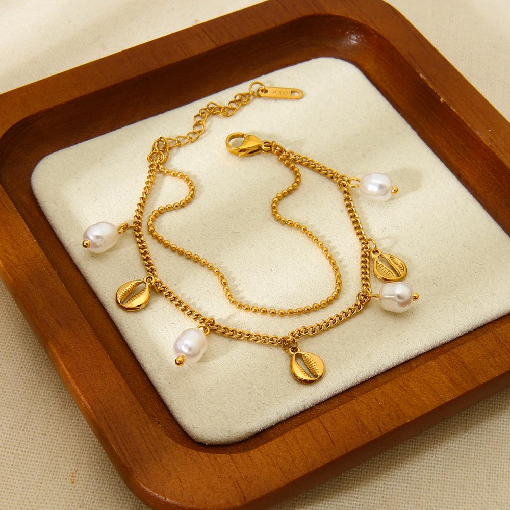 18K Gold Plated Pearl Seashell Tassel Bracelet: European & American Ocean Style, Stainless Steel, Versatile Hand Jewelry