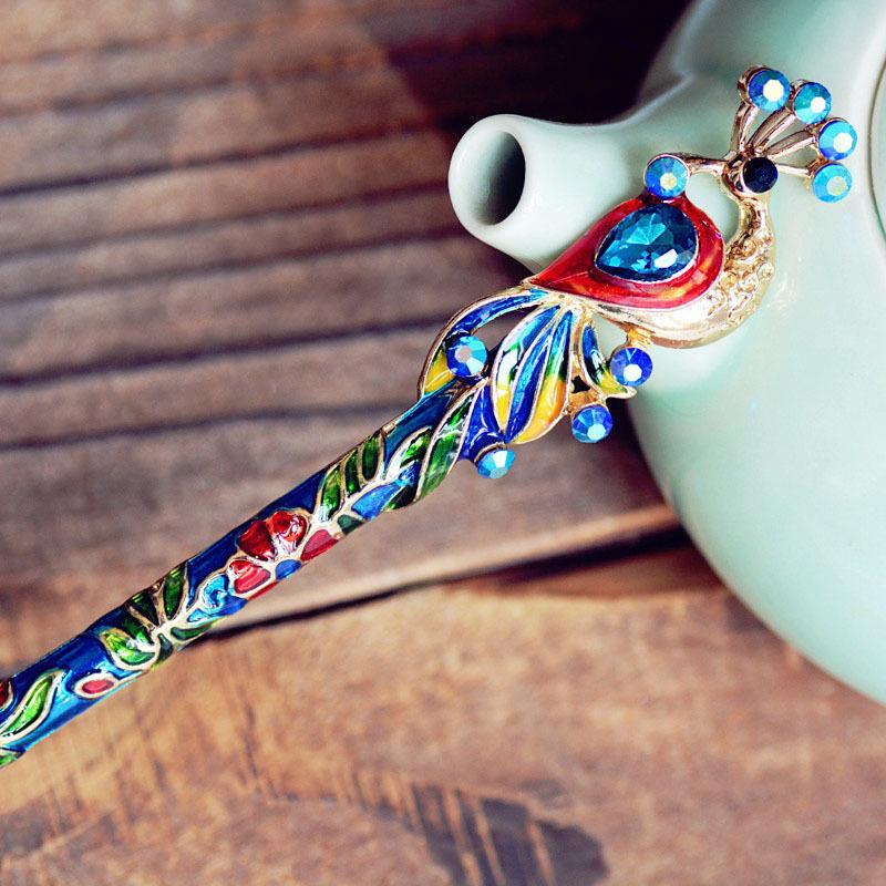 Chinese Crystal Peacock Hairpin Retro Women's Enamel Cloisonn Is Handmade Jewelry Travel Photography Styling Tools Accessories