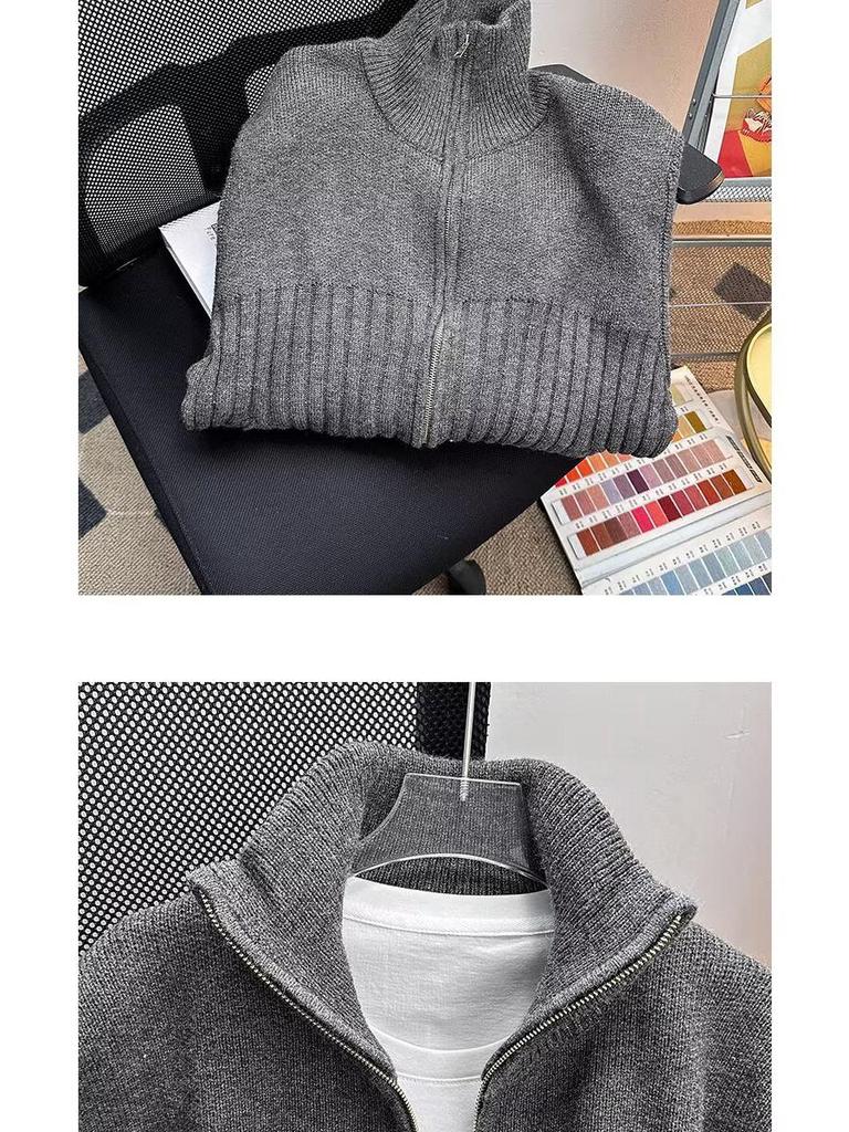 Men's Thick Knit Zipper Sweater - Solid Color, Half-High Collar, Autumn/Winter Pullover, Loose Fit Floral Thread Design