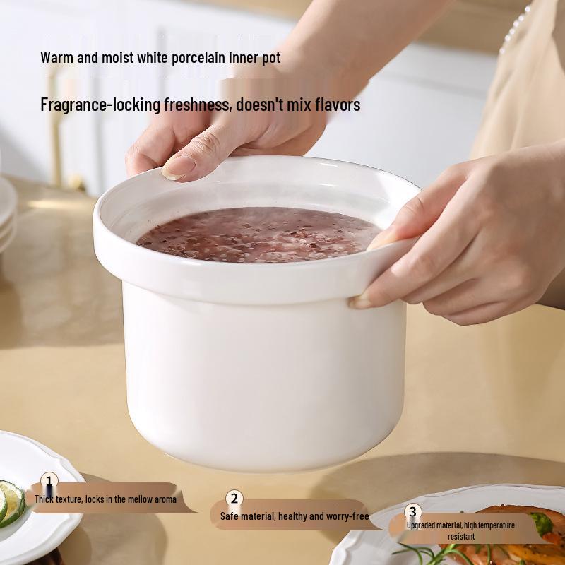 Plně automatický multifunkční elektrický pomalý hrnec s bílým keramickým a fialovým hliněným hrncem