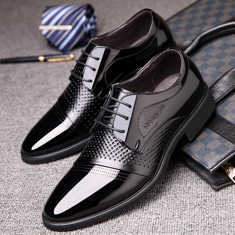 Men's Formal Leather Shoes Have an Inner Height Increase of 6cm, Trendy Men's Lace-up Business Formal Patent Leather Hollow Leather Sandals Hole Men
