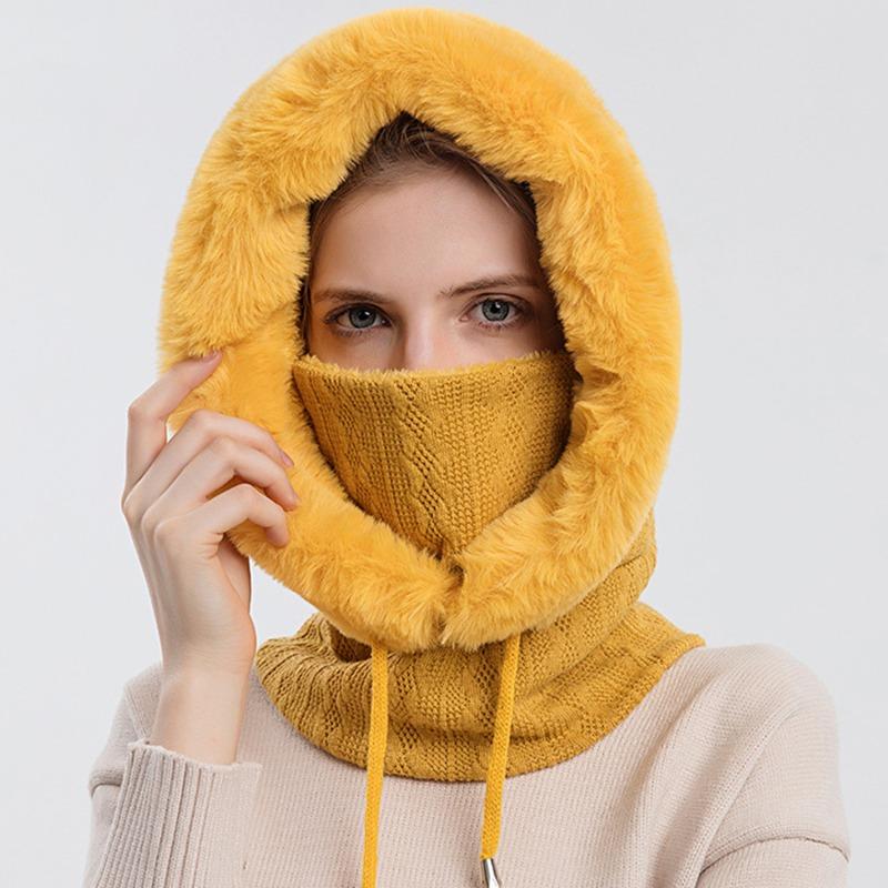 Winter Fur Cap Mask Set Hooded For Women Knitted Cashmere Neck Warm Russia Outdoor Ski Windproof Hat Thick Plush Fluffy Beanies