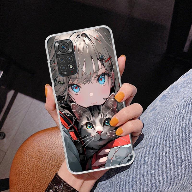 Anime Mädchen Süße Schwarze Katze Handyhülle Für Xiaomi Redmi Note 15 14 13 12S 12 11 Pro Plus 14S 11S 11E 10 10S 11T 5G Personalisiert C
