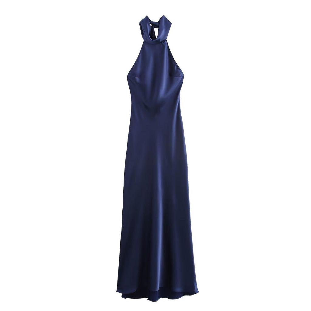 European & American Style Women's Autumn Halter Neck Silk Satin Dress