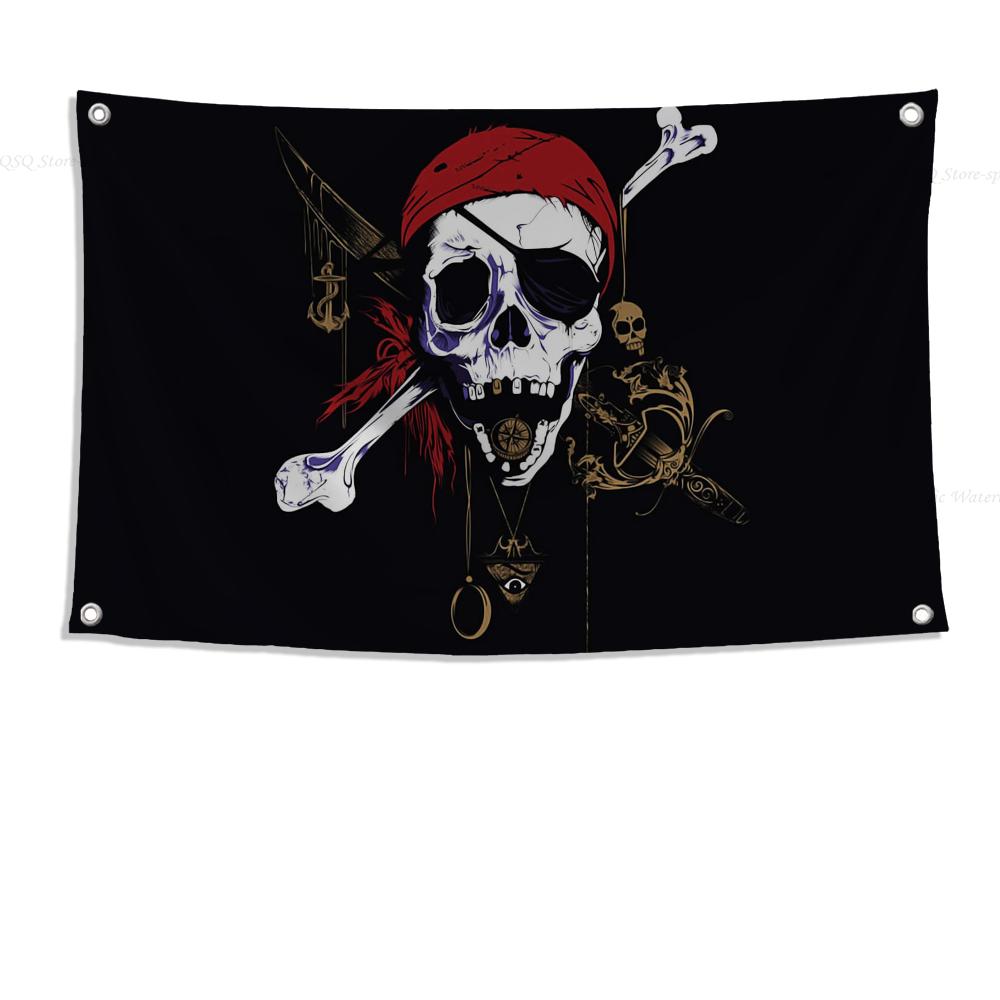 1pc Double Broken Skull With Knife Pirate Flag Flags And Banners Four Hole Flag Polyester Outdoor Decor Room Aesthetic