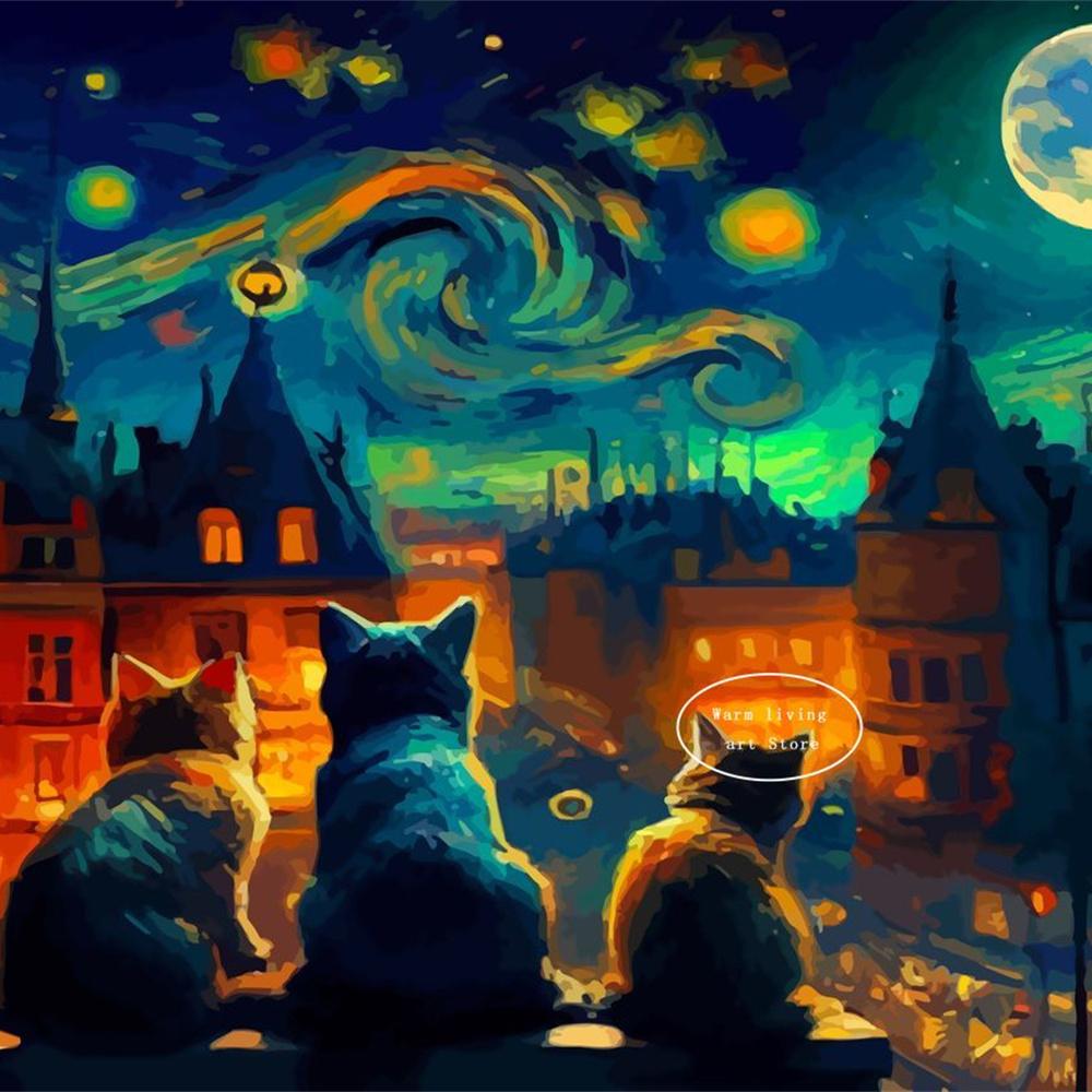 5D Diy Diamond Painting Cross Stitch Embroidery Mosaic Funny Black Cat Flower Van Gogh The Starry Night Full Round Drill Home Decor Wall Art Gift