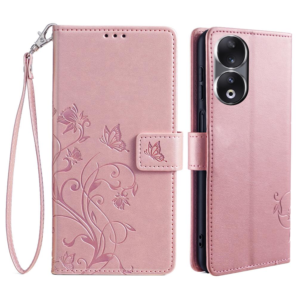 For Honor 90 Case Butterfly Flower PU Leather Stand Phone Cover with Wrist Strap Card Slots