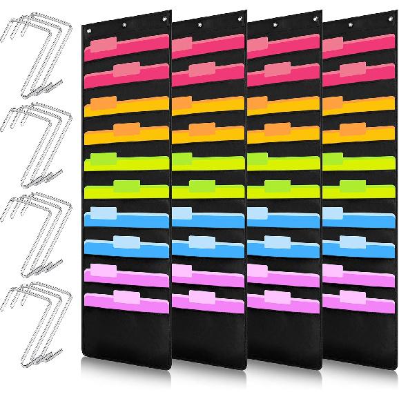 Geyee 4 Pack Hanging Wall File Organizer, Storage Pocket Chart, over Door Hangers Included, Hanging Wall Paper Organizer for File Folders, Classroom