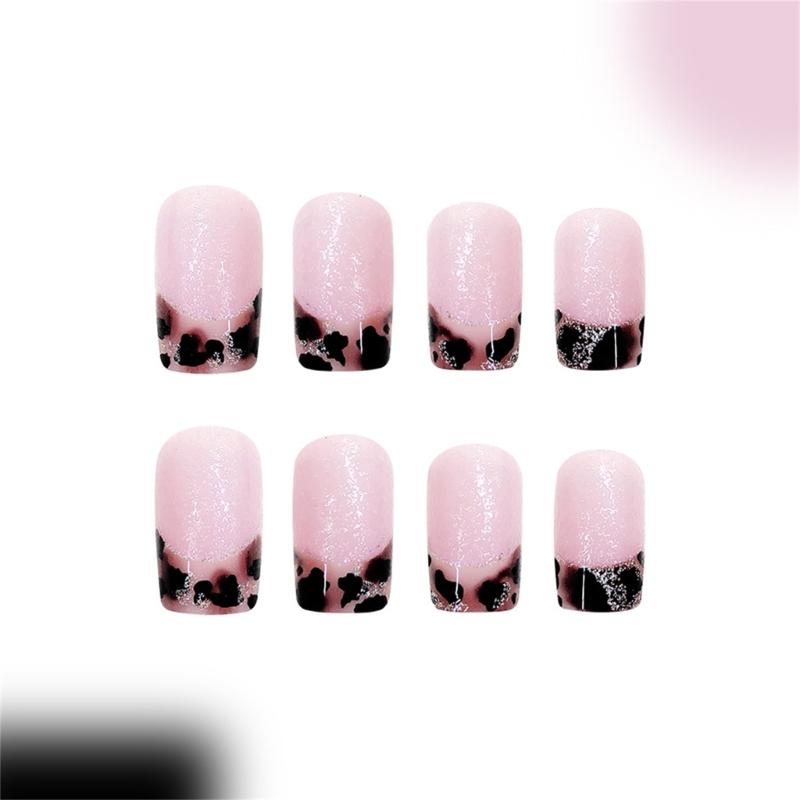 French Leopard Print Press On Nail Square Coffin Nail Medium Designs Full Cover Artificial Nail Stick on Nail 24Pcs