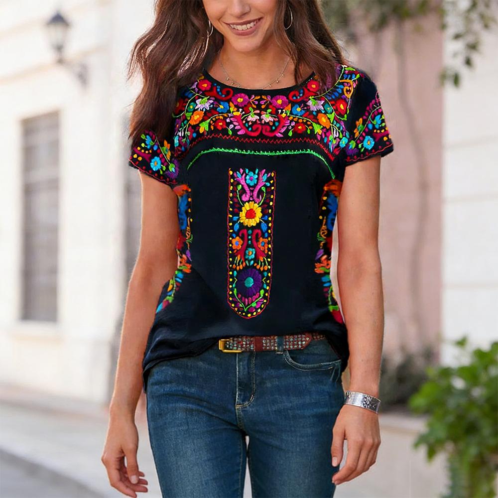 Women's Summer Collection Bohemian Printed Crew Neck Short Sleeve T-Shirt