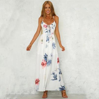 Spring and Summer New European and American Women's Clothing Large Size Sexy Backless Dress Printed Long Skirt