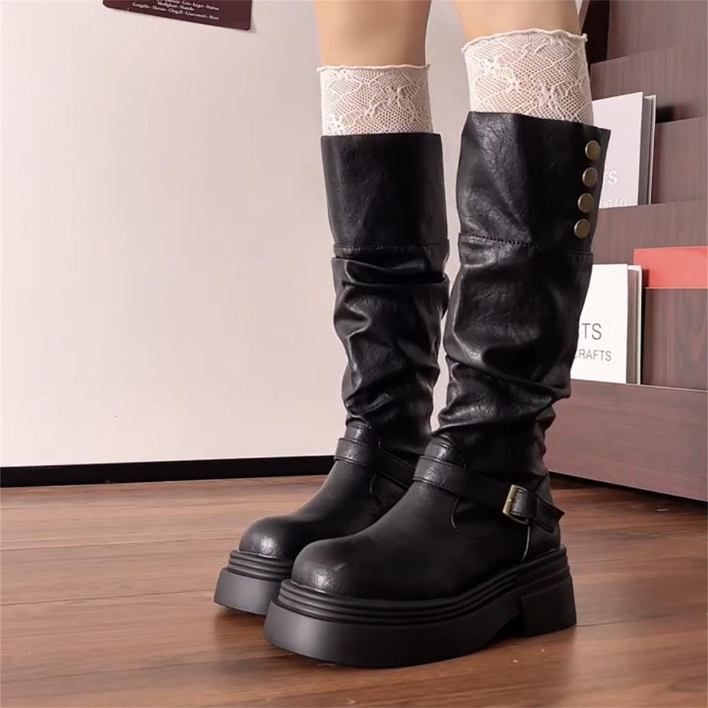 Schwarze Plateaustiefel Damen 2025 neu Merad Spice Girls Ritterstiefel Western Cowboy Stiefel