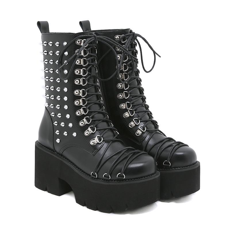 Fashion New Handmade Women Motorcycle Punk Boots Mori Girl Lady Lolita Boots Woman High Top Boots Platform Fahion Rivets Goth Dark 8cm