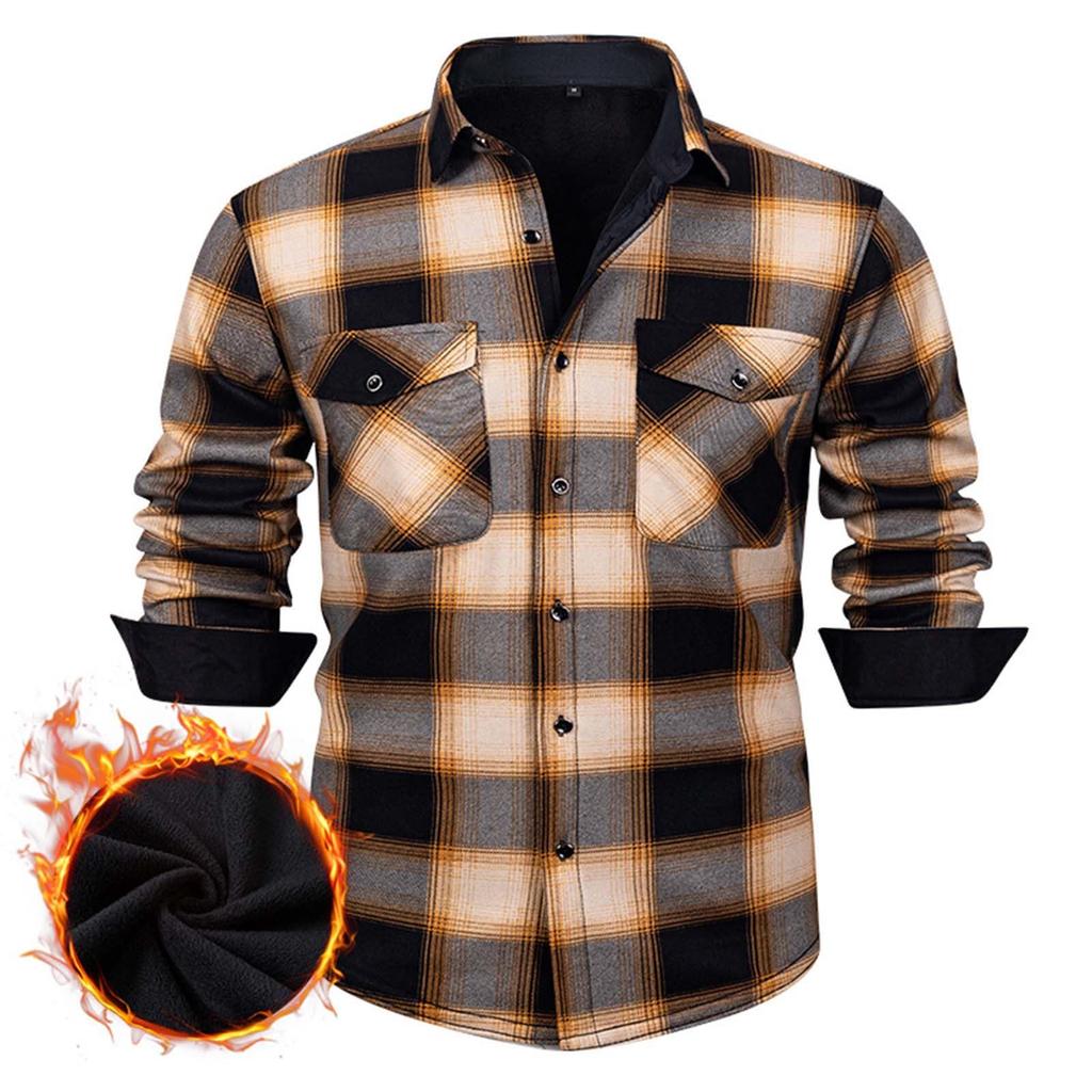 Men's Casual And Trendy Checked Button Cardigan, Men's Lapel Long-sleeved Inner Fleece Warm Coat