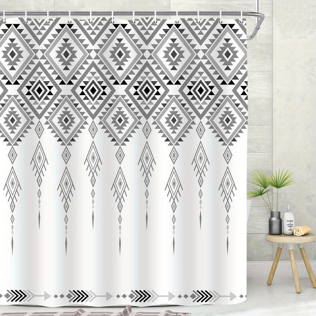 Southwestern Aztec Tribal Geometry Shower Curtain - Grey & White, Polyester, Includes 12 Hooks, All-Season Woven Bath Decor