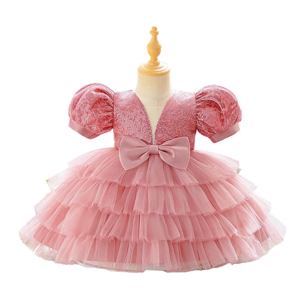 2026 Girls' V-Neck Mesh Cake Skirt Dress - Birthday & Flower Girl Party Outfit
