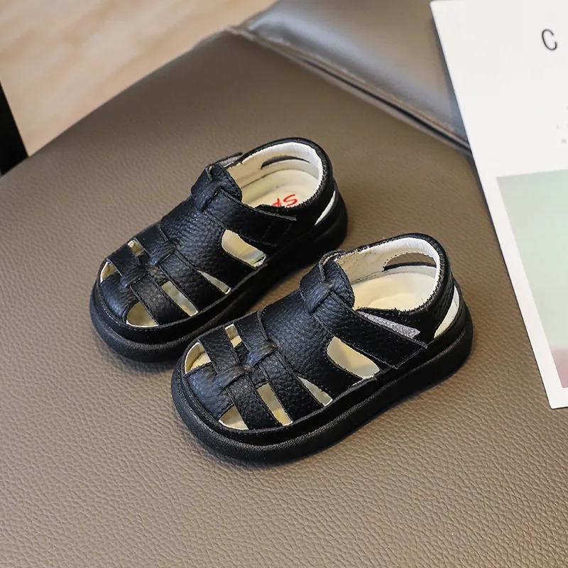 

Baby Boys Girls Genuine Leather Sandals Summer Children Shoes Soft Sole Non-slip Infant Toddler Shoes Beach Sandals for Kids 15 Inner 12.0 cm чёрный