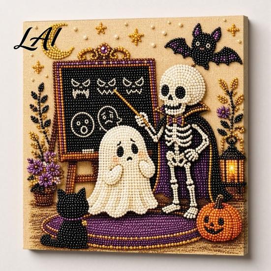 Halloween Craft Supplies Faux Pearl Painting Kit DIY Witchcraft Art 3D Seasonal Bead Wall Kit for Adults Beginners Handmade Holiday Decor Shiny