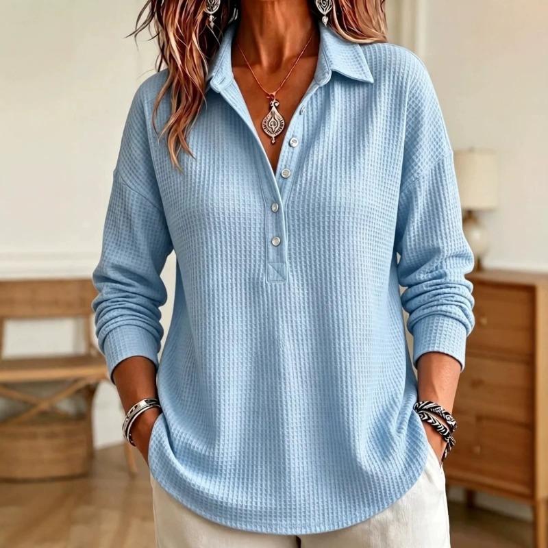 Damen S Waffelstrick Langarm Pullover T-Shirt Locker Lässiges Oberteil