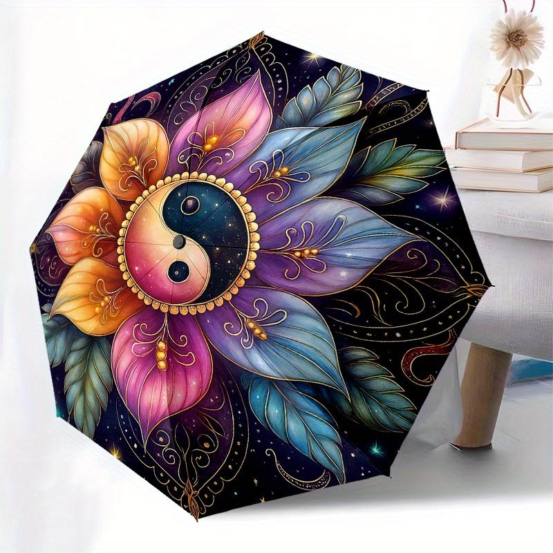 Colorful Yin Yang Lotus Mandala Wall Art DecorUmbrella, Portable 3-Fold Compact Umbrella for Men & Women Gift