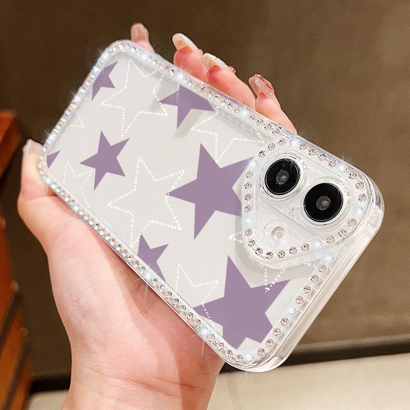 Stars Pattern Diamond Frame Clear Soft Silicone Case For iPhone 16 Pro Max 16E 15 14 Pro 13 12 11 Lens Protection Shockproof Phone Cover