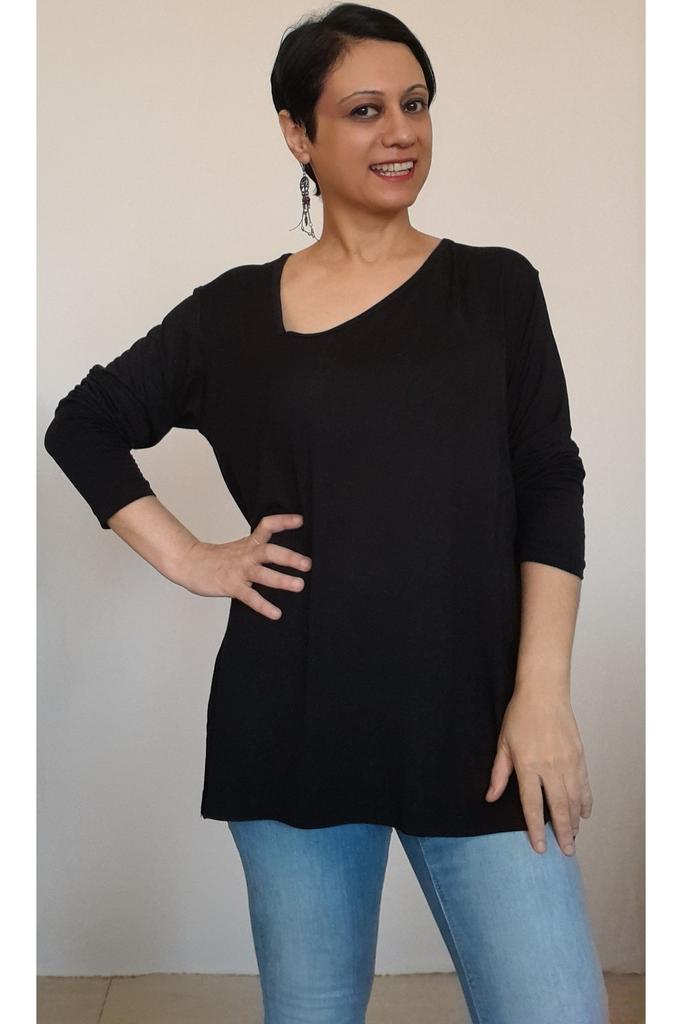 Damen Stil Große Größe T-Shirt Schwarz Seite V-Ausschnitt Gekämmte Baumwolle Viskose T-Shirt