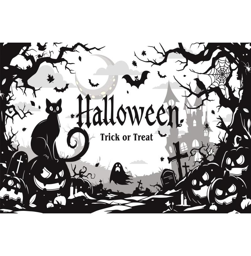 1pc Grey Halloween Party Backdrop with Gothic Night Moon Castle Pumpkin Bat Cat Wolf Banner for Halloween Theme Party Decoration
