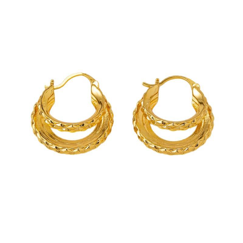 European and American Retro Light Luxury Metal Wind Gear Engraved Smooth Round Ear Buckle Earrings Fashionable and Simple Earrings