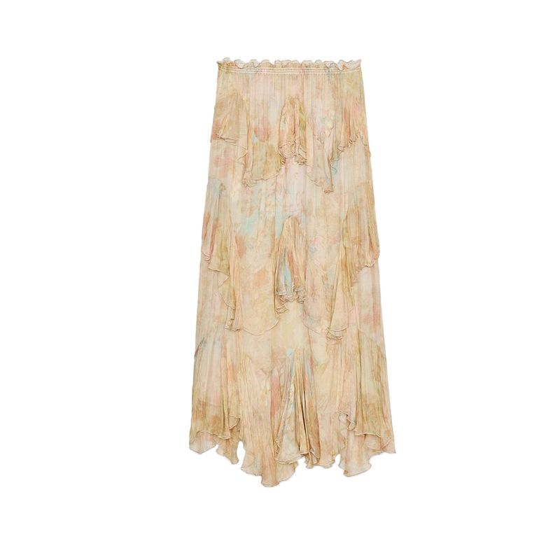 Summer New Product Women's Clothes Mid-Waist Asymmetric Hem Print Laminated Decoration Skirt 3694011
