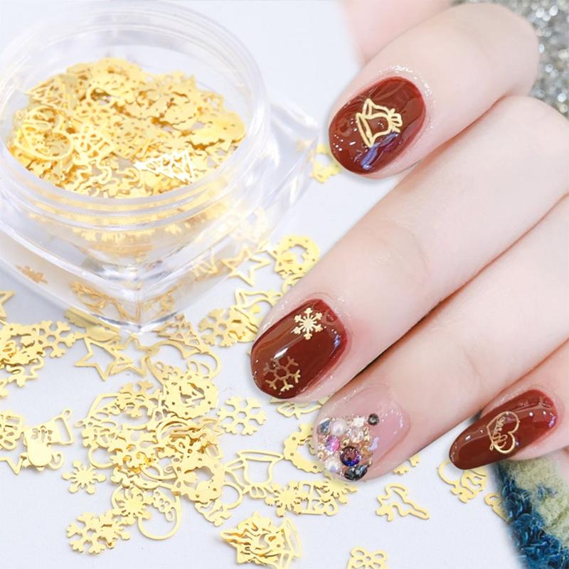 Celebrate Christmas Golden Nail Sequins Paillette 3D Metal Nail Art Charms Decoration Snowflake X'mas Boots Trees Pack