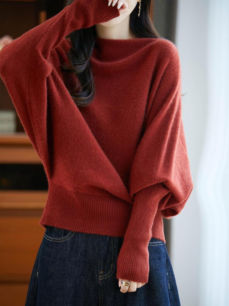 Women's Fashionable 100% Pure Wool Cashmere One-Shoulder Sweater with Batwing Sleeves - Autumn & Winter Style