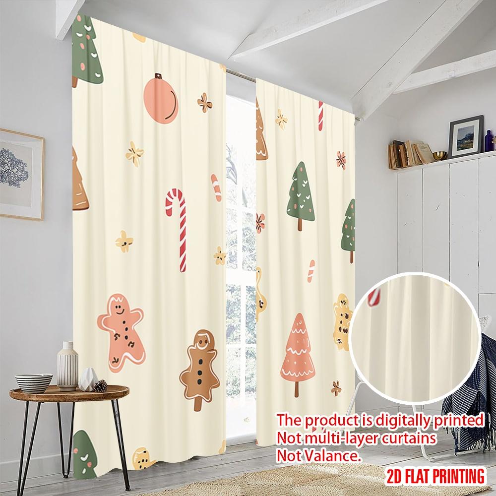 2pcs,2D Plane Printing Window Curtain Christmas Trees Gingerbread Candies SnowGlobe 100% Polyester (without Rod) Holiday Use for