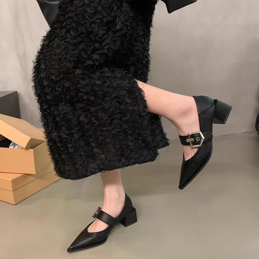Retro spitze Mary Jane kleine Lederschuhe Damen Frühling und Herbst neu dicker Absatz mittlerer Absatz Liebe Einzel-Schuhe