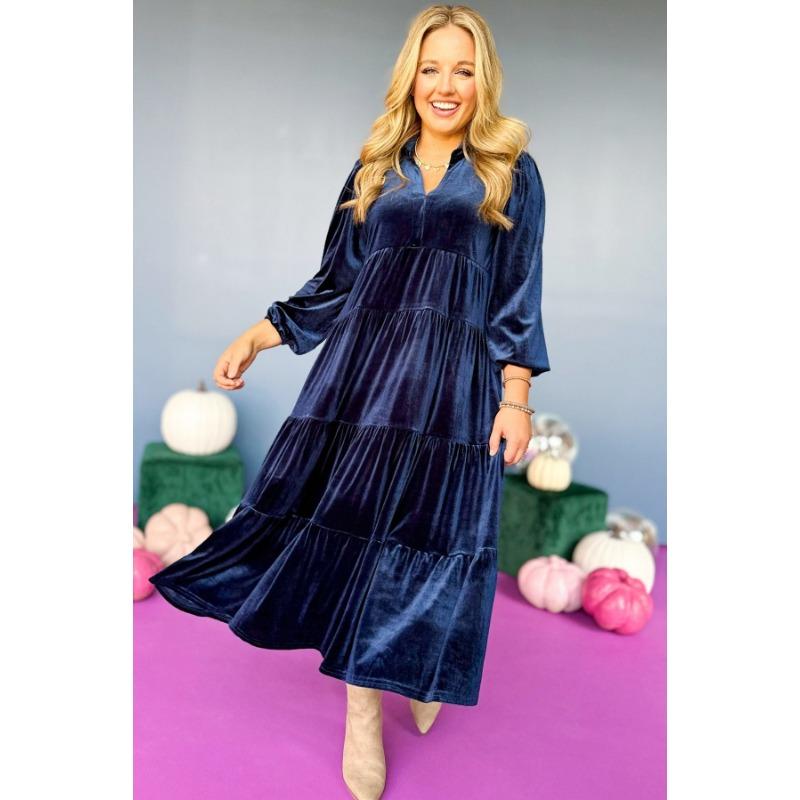 

Женские бархатные платья с V-образным вырезом и длинными рукавами, свободные многослойные оборки по краю, большие свободные платья больших размеров XXL темно-синий