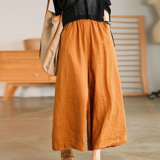 Women Summer Spring Pants Wide Leg Oversized Straight Solid Color Elastic Waist Match Top Pockets Deep Crotch Lady Ninth Pants Lady Garment
