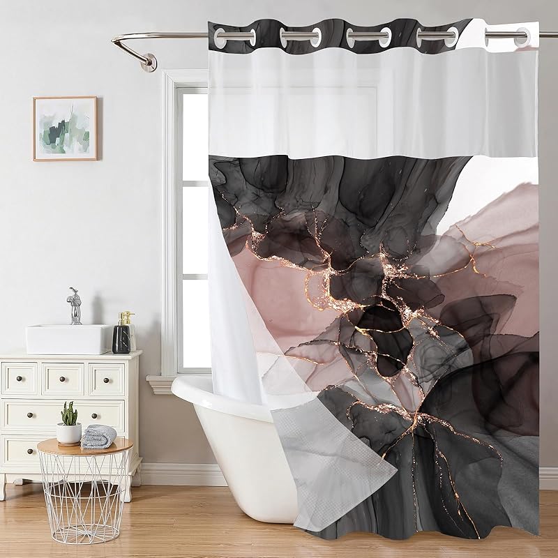 No Hook Pink Bow Shower Curtain and Liner Set Cute Shower Curtain with Snap in Liner Fabric Bathroom Curtain with Liner Set Double Layers Waterproof