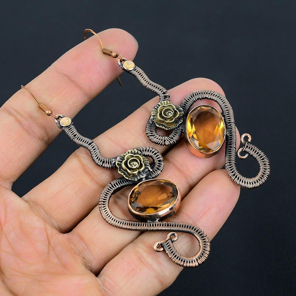 Citrine Earrings, 999 Copper Wire Wrapped Gemstone Jewelry, Handmade Earrings, For Thanksgiving