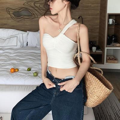 Sommer Sexy Schulterfreier Gestrickter Weste Damen Schick Falten Ärmellos Schlank Crop Top