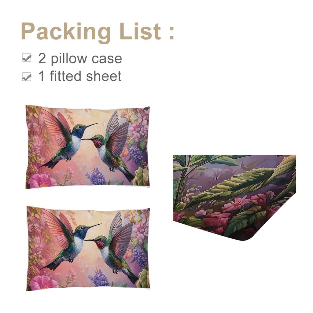 Pink Three-Piece Hummingbird Bed Set With 2 Pillowcases For Bedroom Living Room Decor