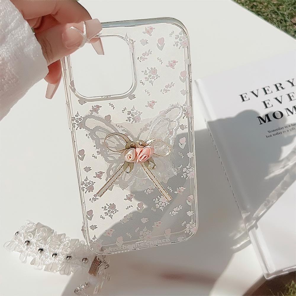 Beautiful Embroidered Butterfly Flower Apple 15 Mobile Phone Case 16 Transparent Iphone13promax Lace Pendant 11 Suitable