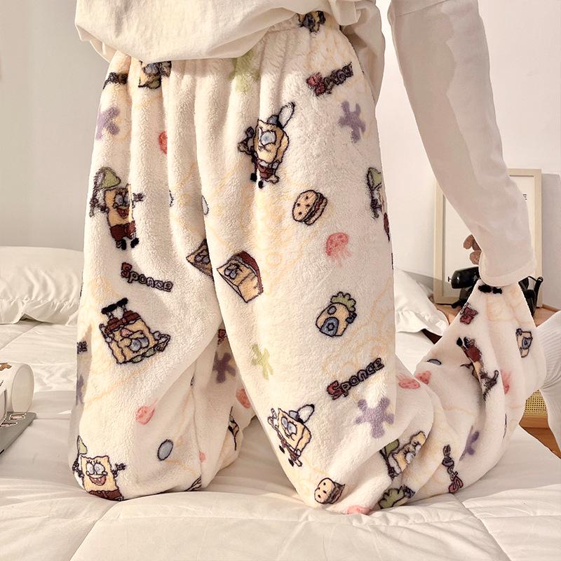 Korean Style Women's Fleece Pajama Pants - Flannel Cartoon Design for Autumn and Winter
