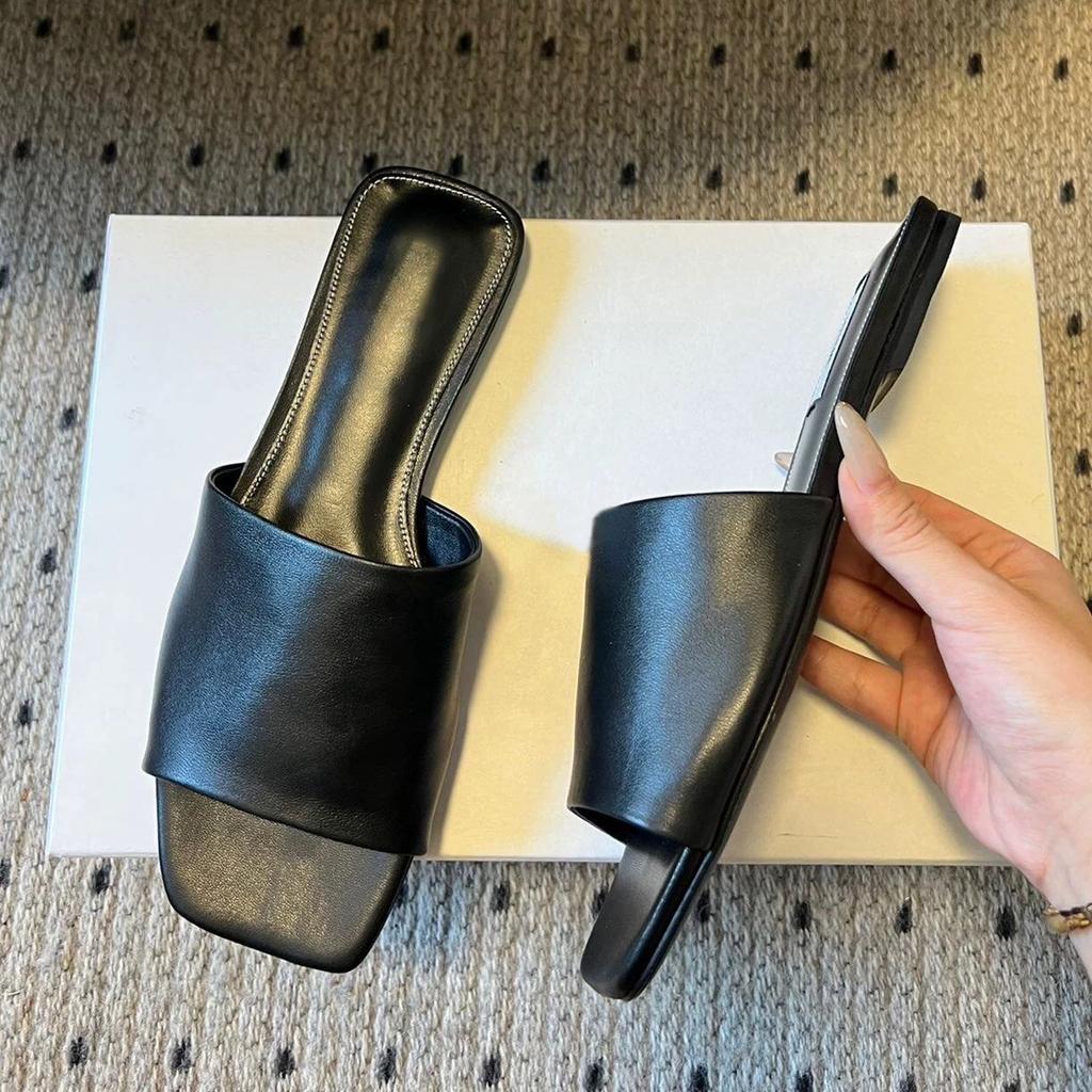 Cowhide Version~ Korean Simple Square Head Flat Bottom Comfortable Open-toed One-word Slippers Women Wear 2025 Summer Cool Slippers