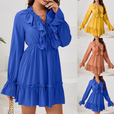 Women's Fashion V-Neck Long Sleeve Solid Colour Slim Dress Casual Dresses
