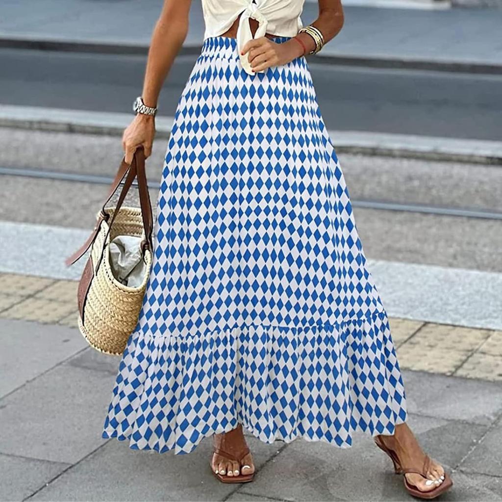 Women's Fashion Bohemian Print Elastic Waist Skirt Loose Casual High Waist Large Hemline Skirt