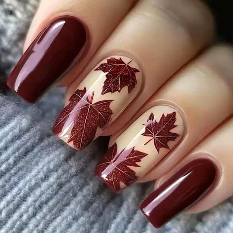 Fall Press on Nails Long Ballerina Coffin Nails Thanksgiving Maple Leaf Acrylic Glue on Nail Glossy Autumn Gold Maple Leaves Fake Nail for Women DIY