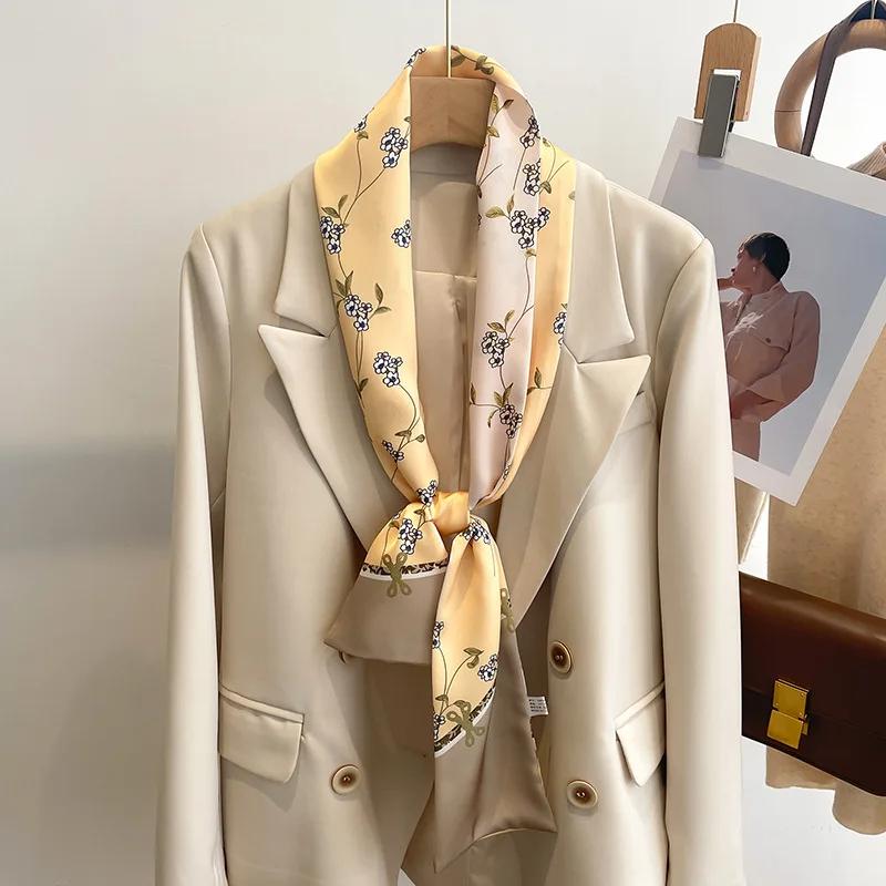 Fashion New Small Silk Scarf Women Tie Bag Headband Flower Printing Hairband Korean Style Neckerchief Ribbon Luxury Brand