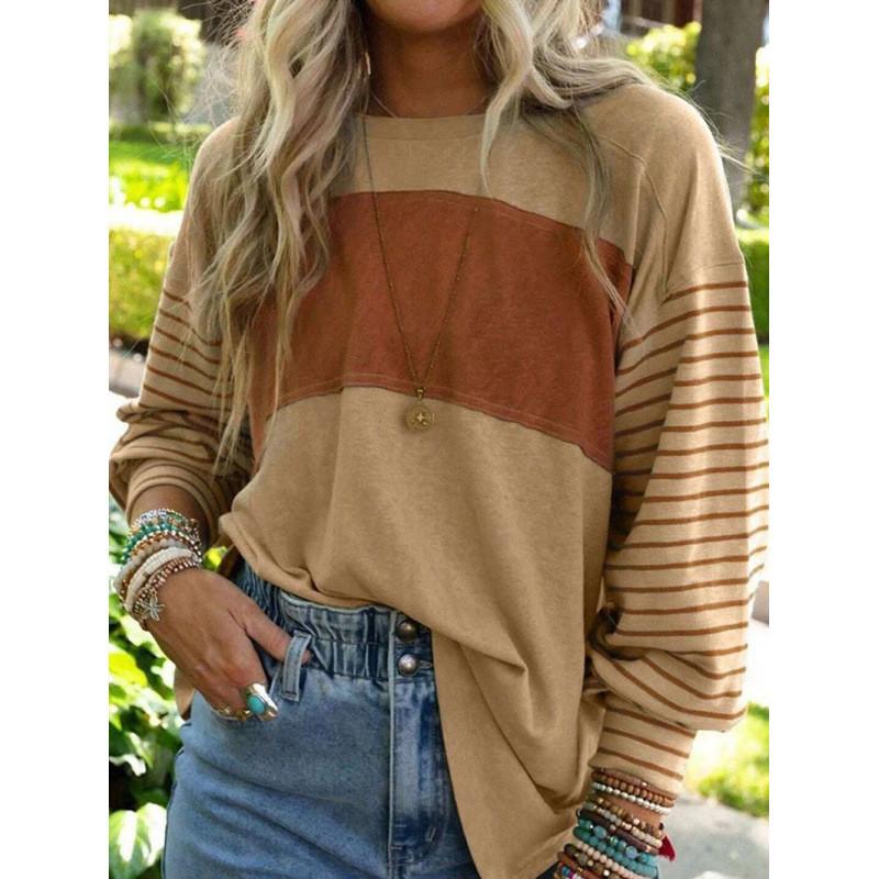 Polyester Striped Casual Long Sleeve T Shirt For Women With Color Block Design For Spring