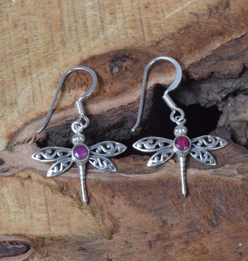 Solid 925 Sterling Silver Ruby Dyed Round Gemstone Dragonfly Handmade Boho Earrings