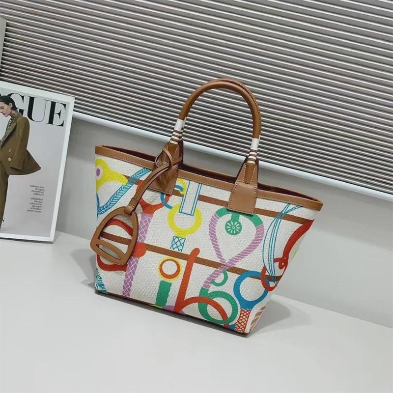 2024 High-End Women's Canvas & Leather Tote: Versatile, Large-Capacity, Handheld or Shoulder Bag