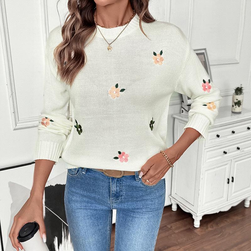 European 2026 Korean-Style Loose Round Neck Sweater with Ribbed Hem & Floral Embroidery for Women, Autumn/Winter Collection.